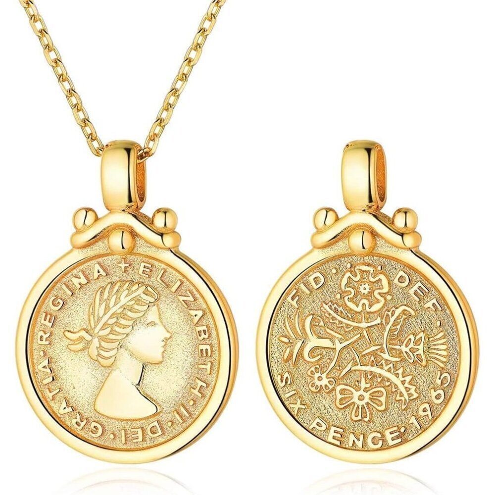 Coin Necklace 18K Gold/Platinum Plated Sterling Silver Vintage Circle Disc